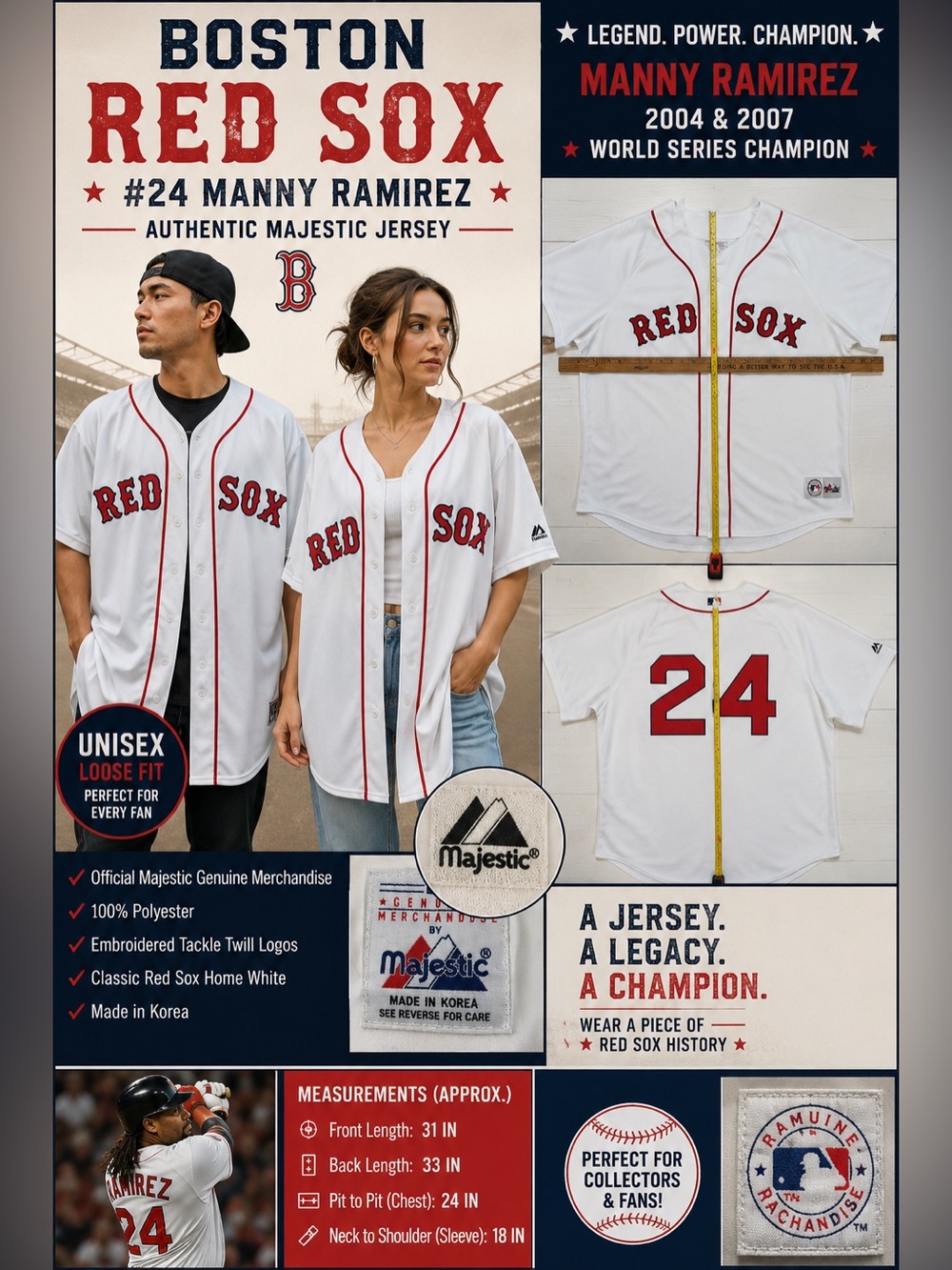 Majestic White Red Sox Home Jersey with Red Trim